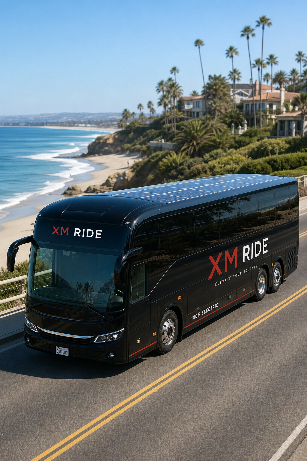 A photorealistic image of a modern eco-friendly charter bus driving along the San Diego coastline with solar panels on the roof and lush greenery in the background. Alt: Eco-friendly party bus San Diego with sustainable features
