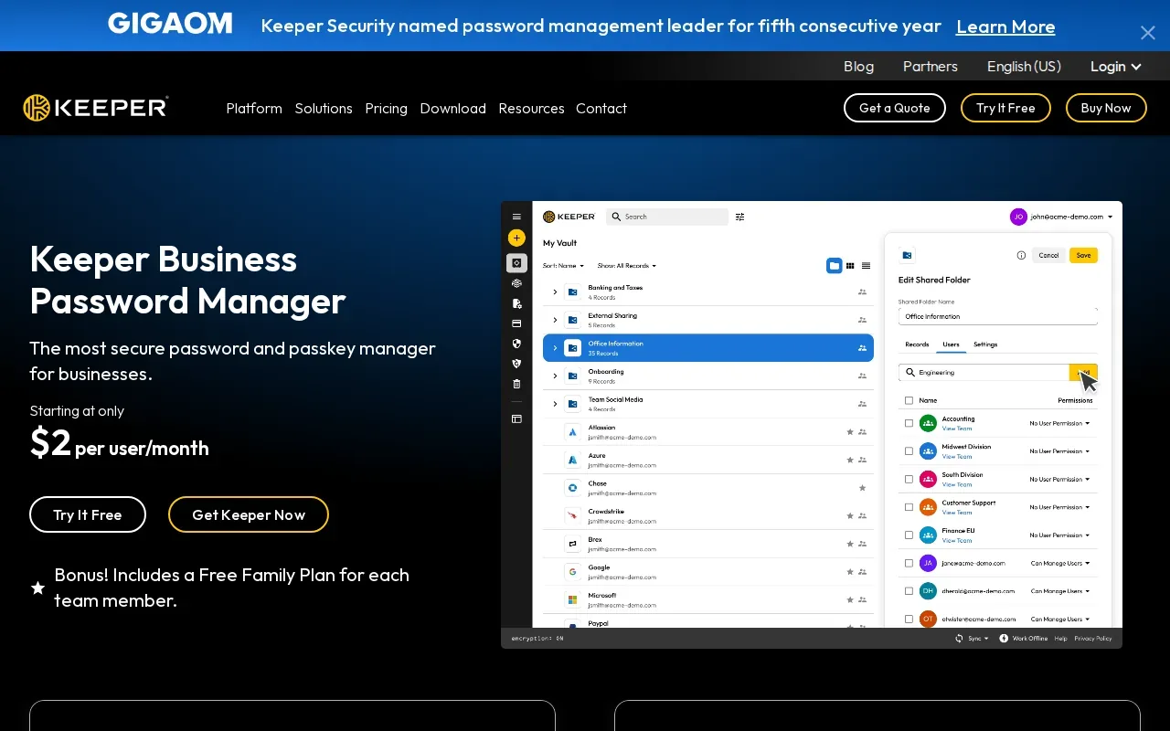 Screenshot of the Keeper Business website