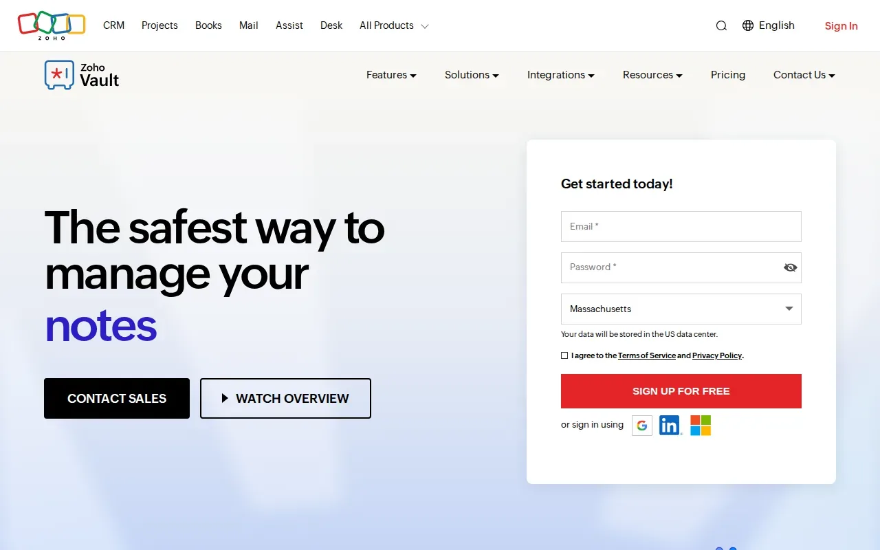 Screenshot of the Zoho Vault website