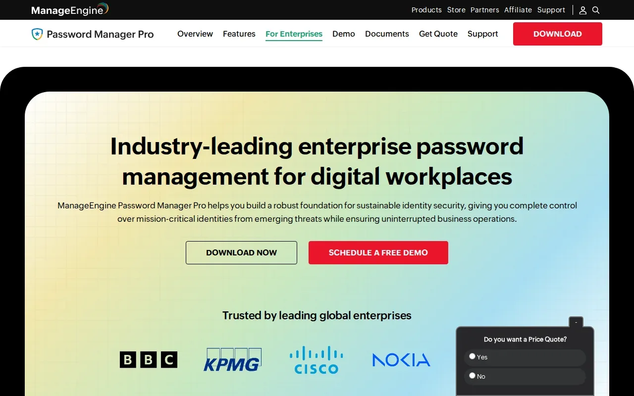 Screenshot of the Password Manager Pro by ManageEngine website