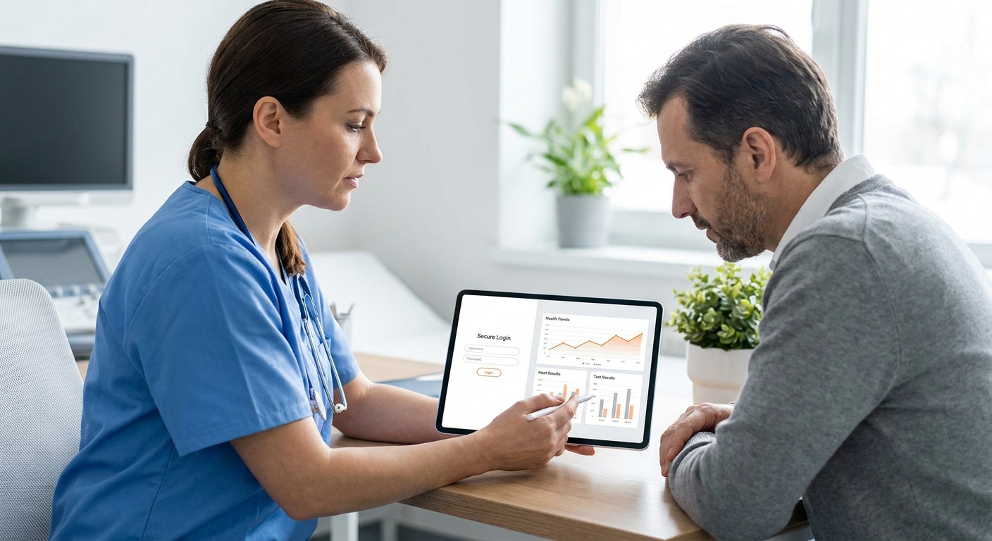 A realistic illustration of a doctor and patient using a tablet to view a modern patient portal interface, showing clear charts and secure login screens. Alt: patient portal app UI with secure login and health data display