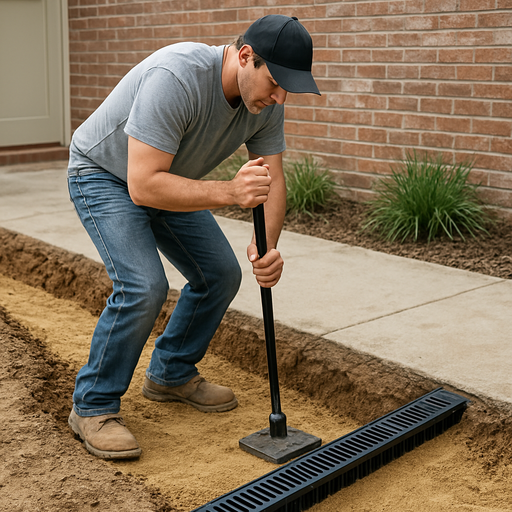 A homeowner using a hand tamper to compact sand in a trench for a patio channel drain installation. Alt: Preparing the installation area for a patio channel drain ensures proper drainage and longevity.