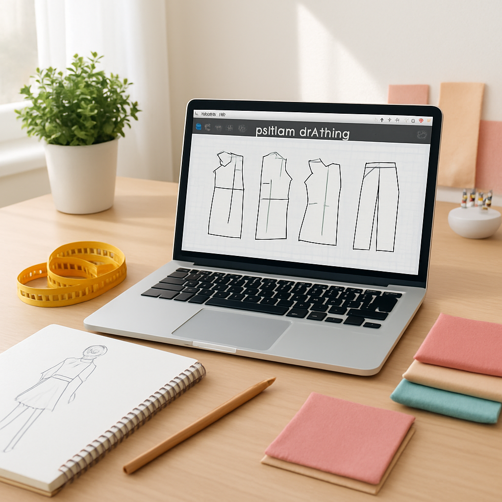 A bright, tidy workspace with a laptop showing a pattern drafting software interface, a sketchbook, measuring tape, and fabric swatches laid out. Alt: pattern drafting platform selection workspace for online classes