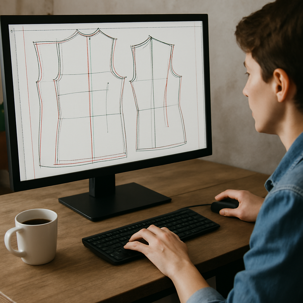 A designer working on a digital pattern on a large monitor, coffee mug nearby. Alt: pattern drafting classes online practical project example