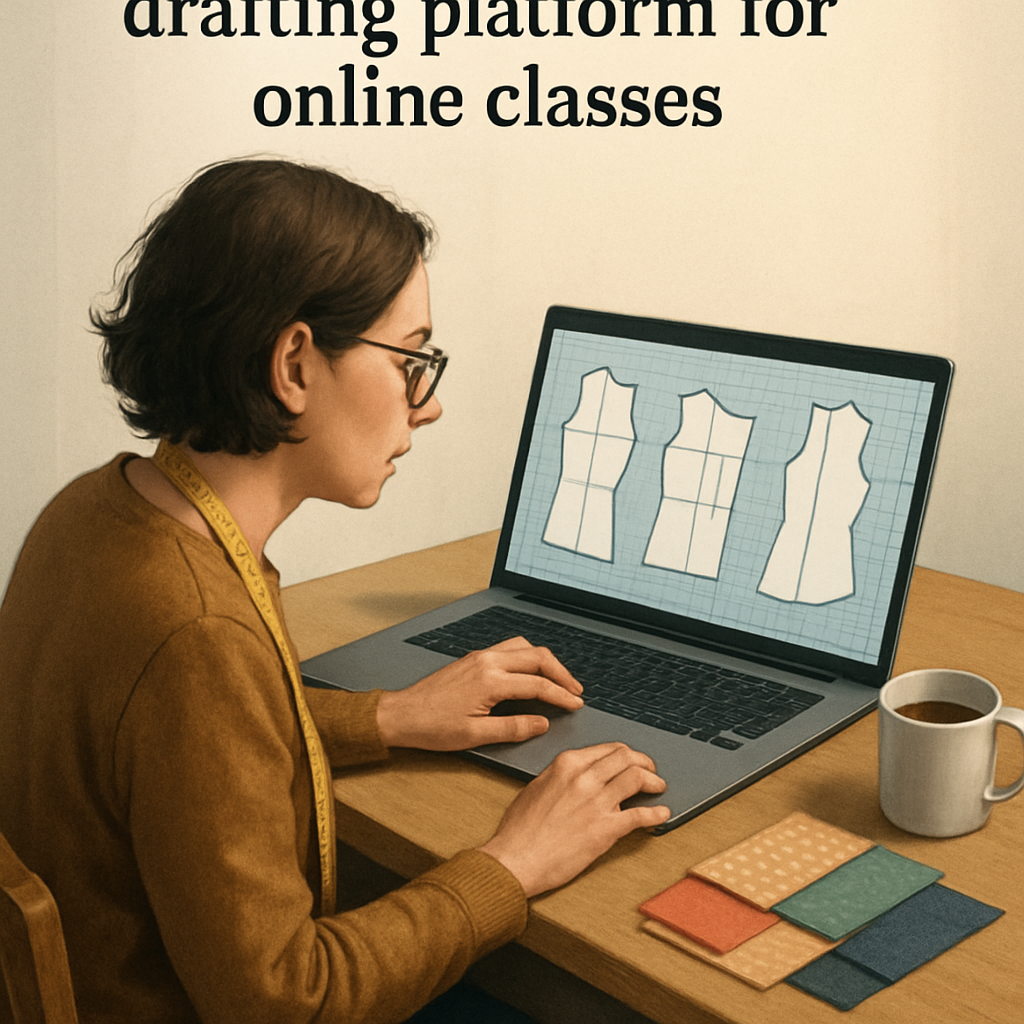 An AI-generated illustration of a designer sitting at a laptop, reviewing pattern drafts on a screen, with fabric swatches and a coffee mug beside them. Alt: