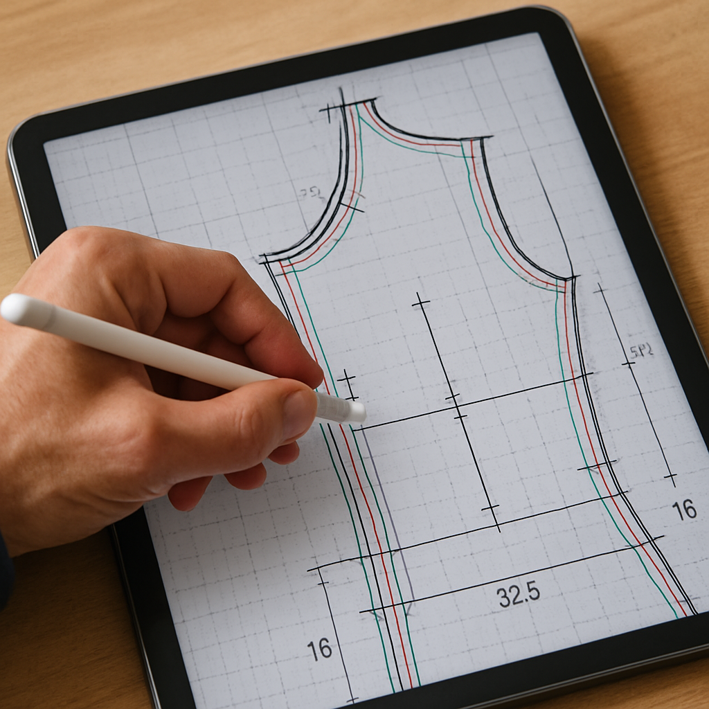 A close-up of a designer adjusting pattern lines on a tablet, showing grading marks and measurements. Alt: pattern drafting advanced adjustments and grading