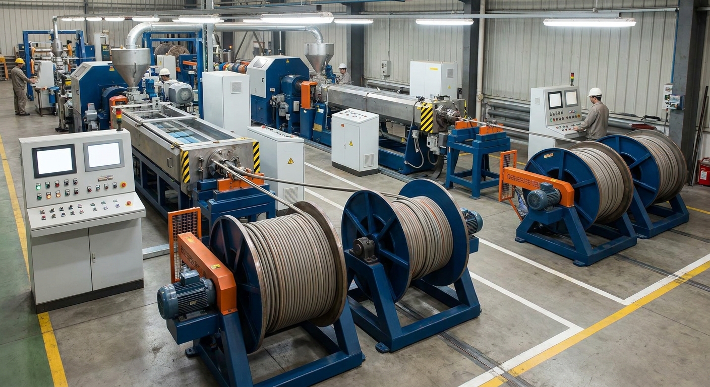A realistic photo of a modern cable extrusion line with dual pay‑off and take‑up units, showing motorized carriages and control panels. Alt: Sai Extrumech custom pay off and take up system in operation.