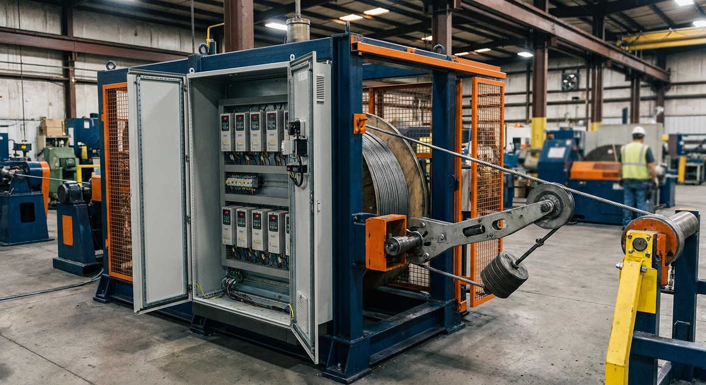 A realistic industrial scene showing a high‑speed cable pay‑off unit with visible AC drive panels and tension dancer. Alt: high‑speed pay‑off machine in a wire drawing plant.