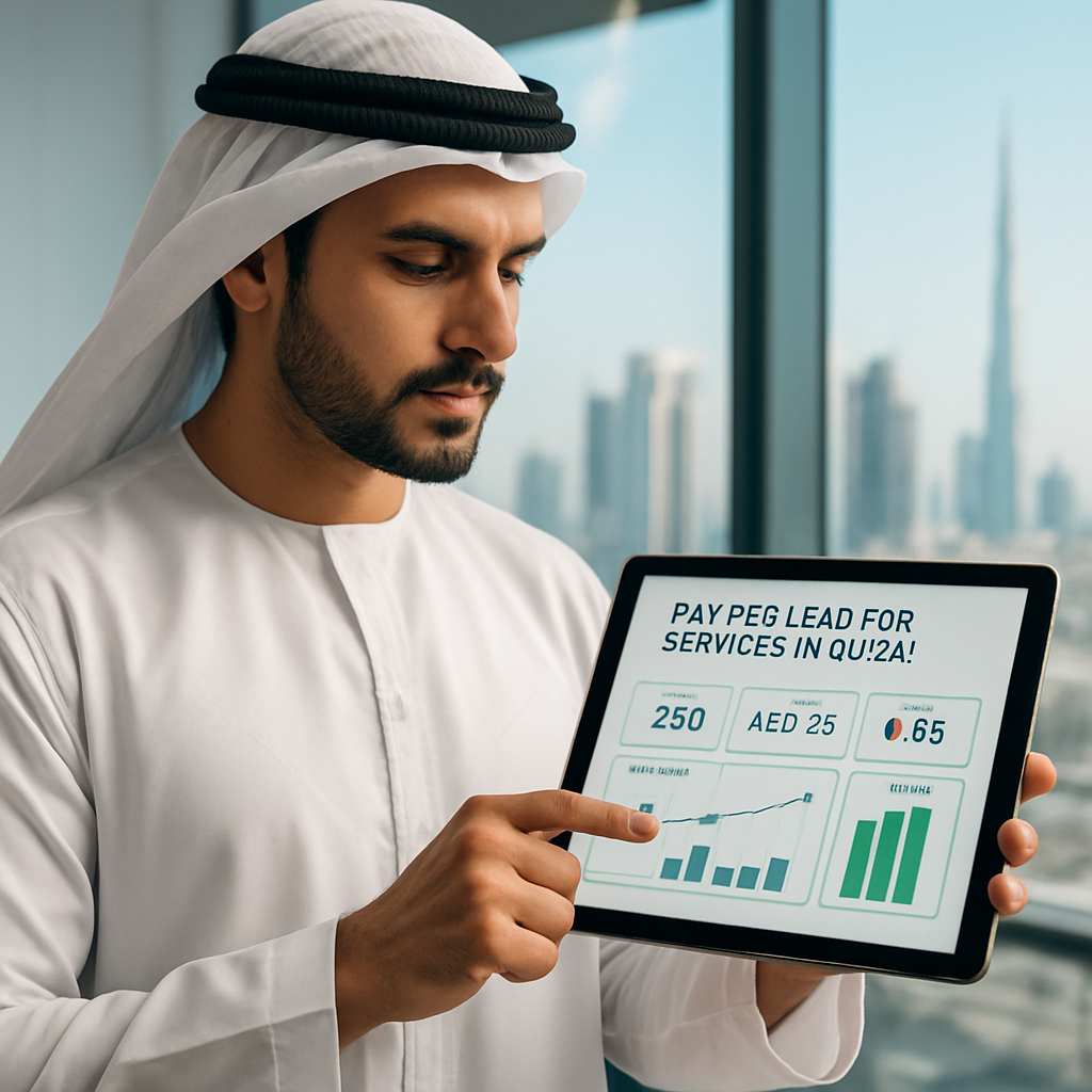 A modern Dubai service professional checking a tablet with lead stats, showing a pay‑per‑lead dashboard. Alt: pay per lead for services in Dubai dashboard.