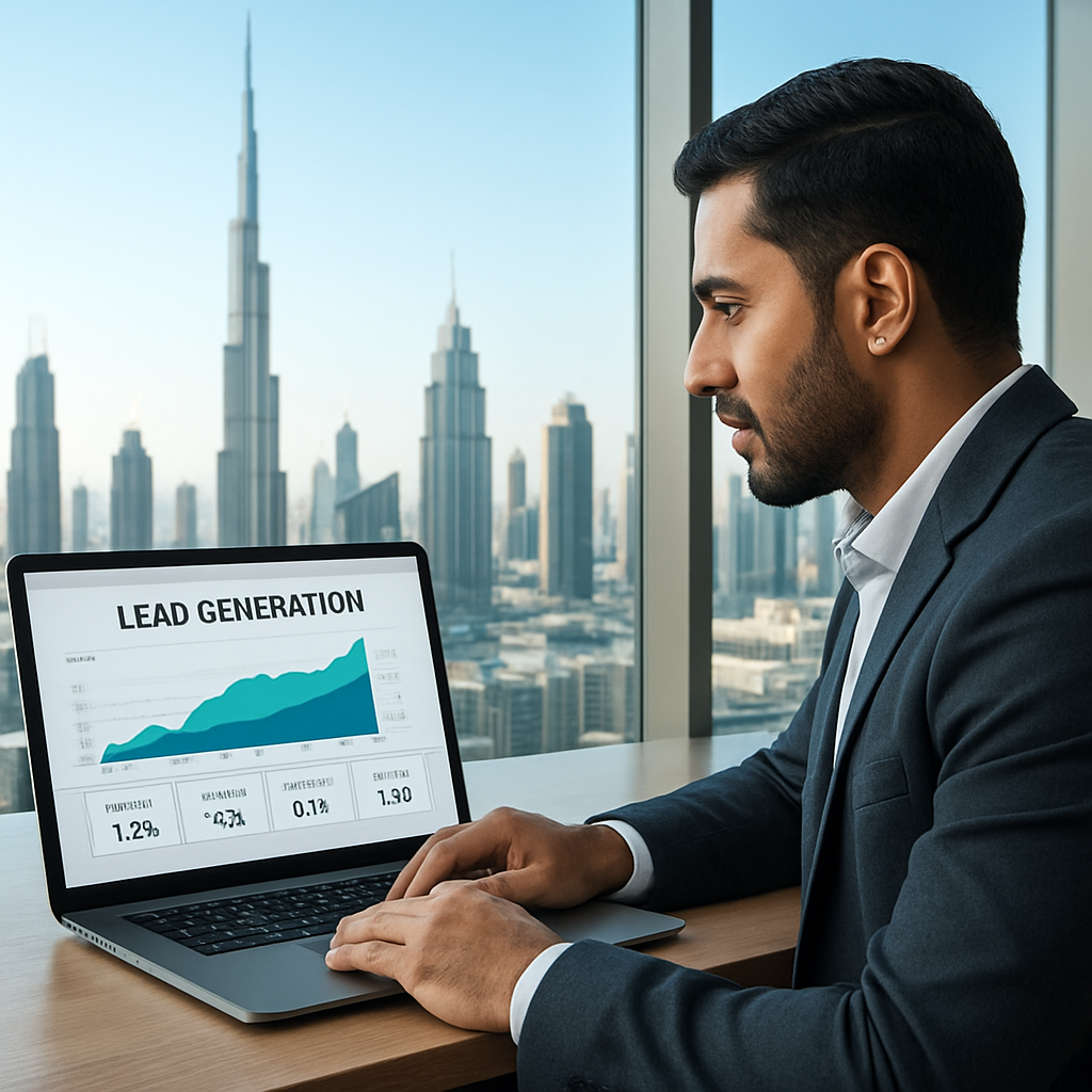 A modern Dubai service professional looking at a laptop displaying a lead‑generation dashboard, with skyscrapers visible through the window. Alt: pay per lead for services in Dubai dashboard view.