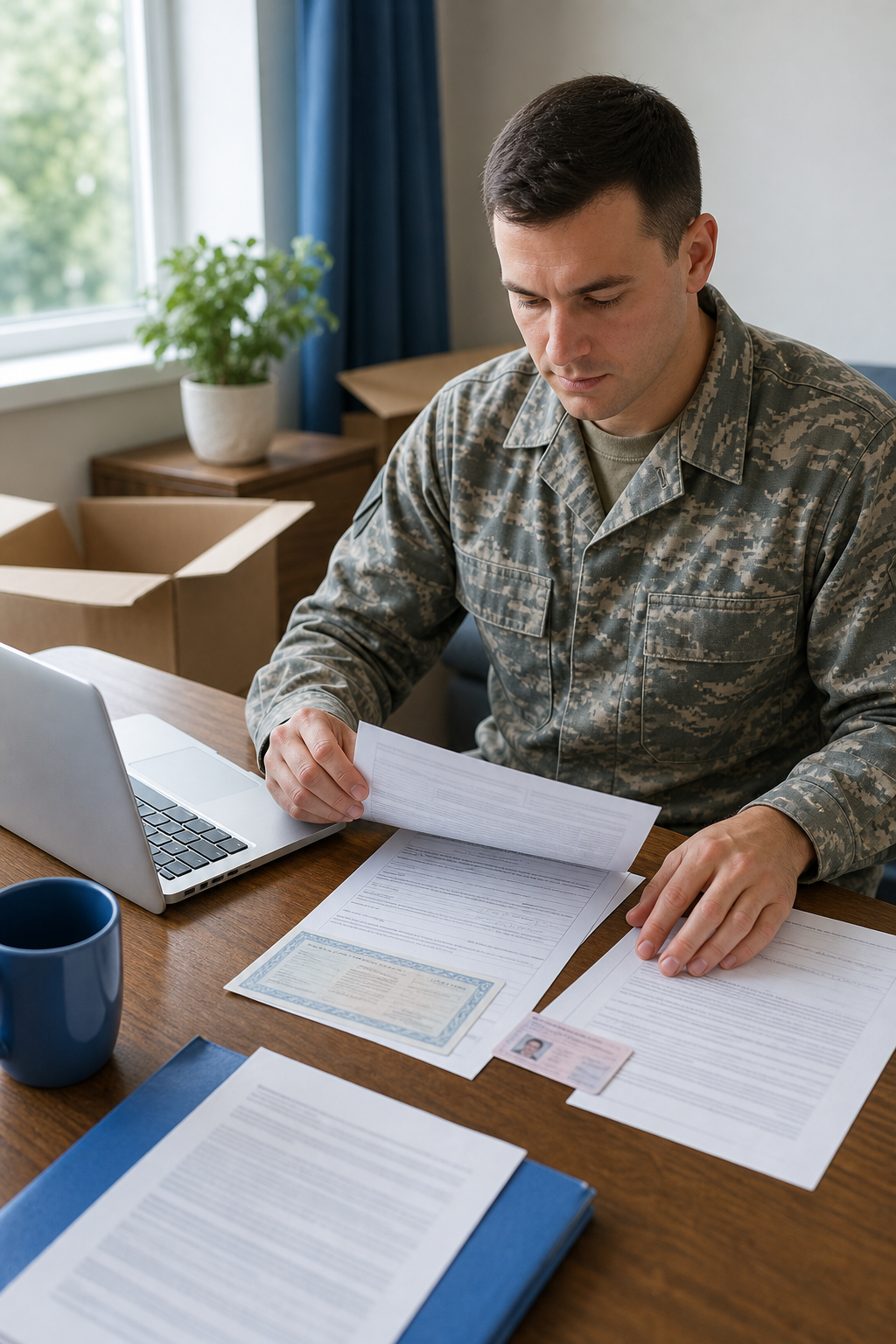 A photorealistic scene of a service member in uniform sitting at a wooden desk, organizing printed documents including a vehicle registration form, military orders, and a driver's license, with a laptop open nearby. Natural window light. Alt: service member gathering PCS car shipping documents at a desk.