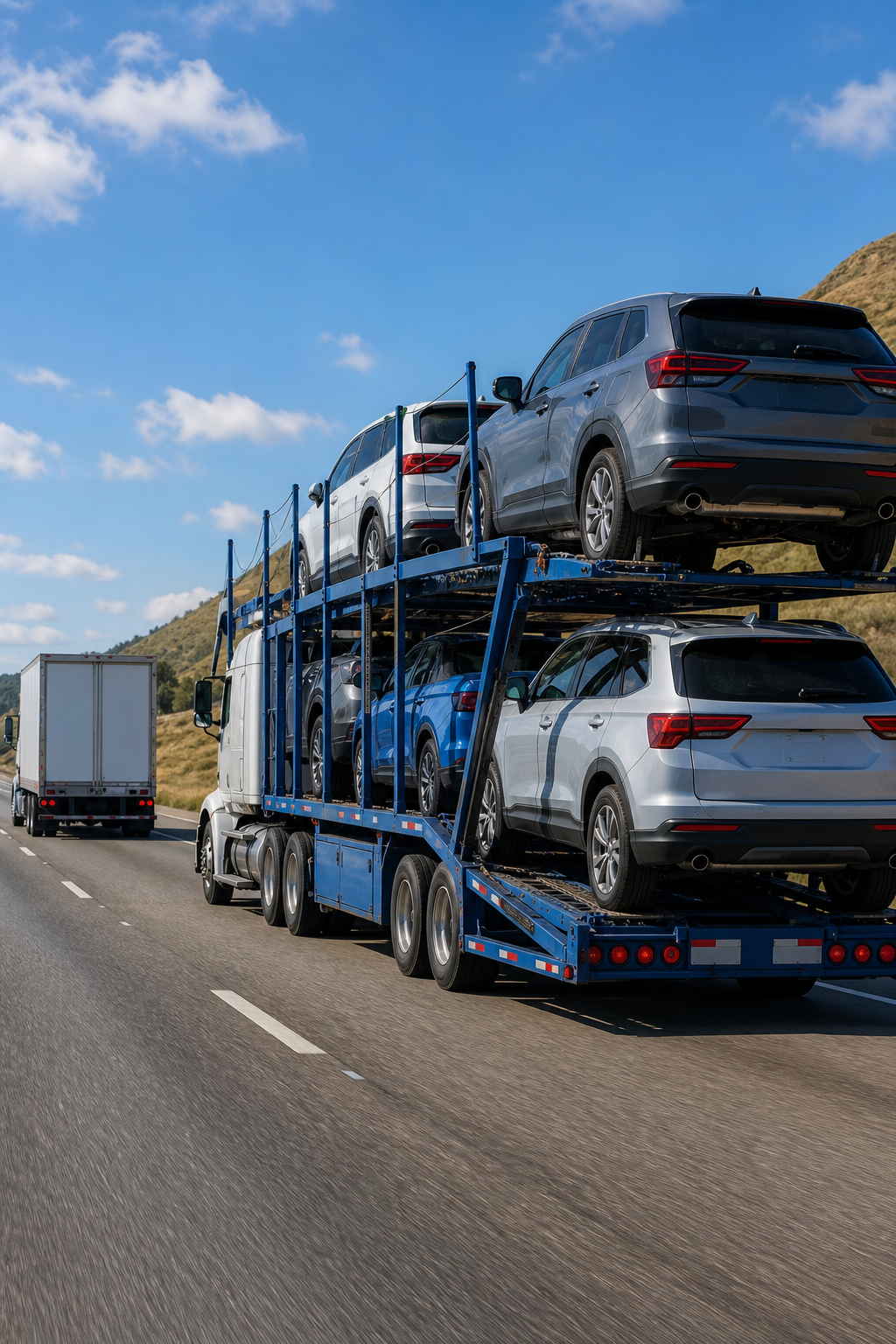 A wide photorealistic scene of a large open car carrier truck loaded with multiple vehicles on a highway, with a second enclosed transport trailer visible in the background. Clear blue sky, rural landscape. Alt: open and enclosed car carrier trucks for PCS vehicle shipping.