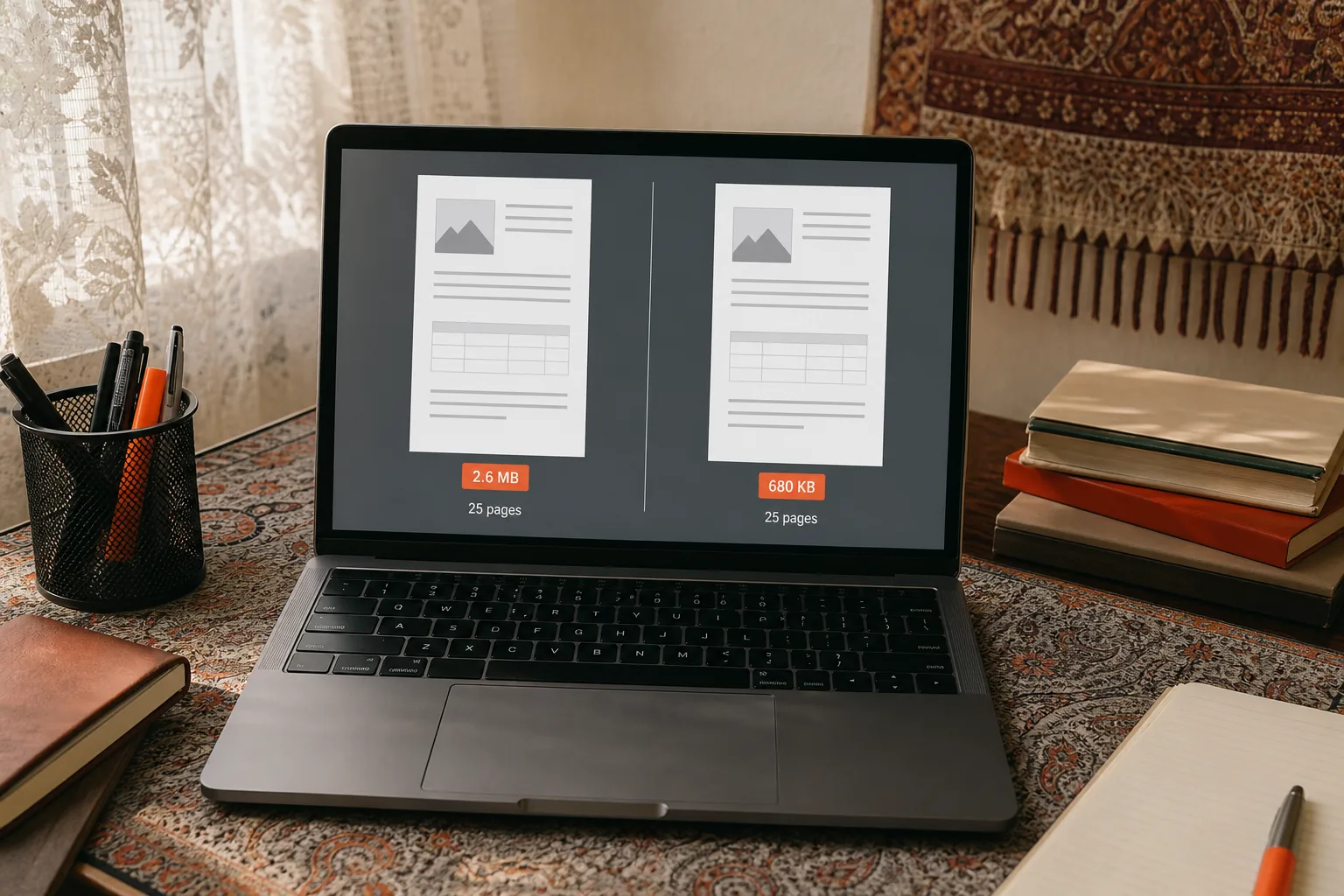 Compare PDF quality and file size after compression.