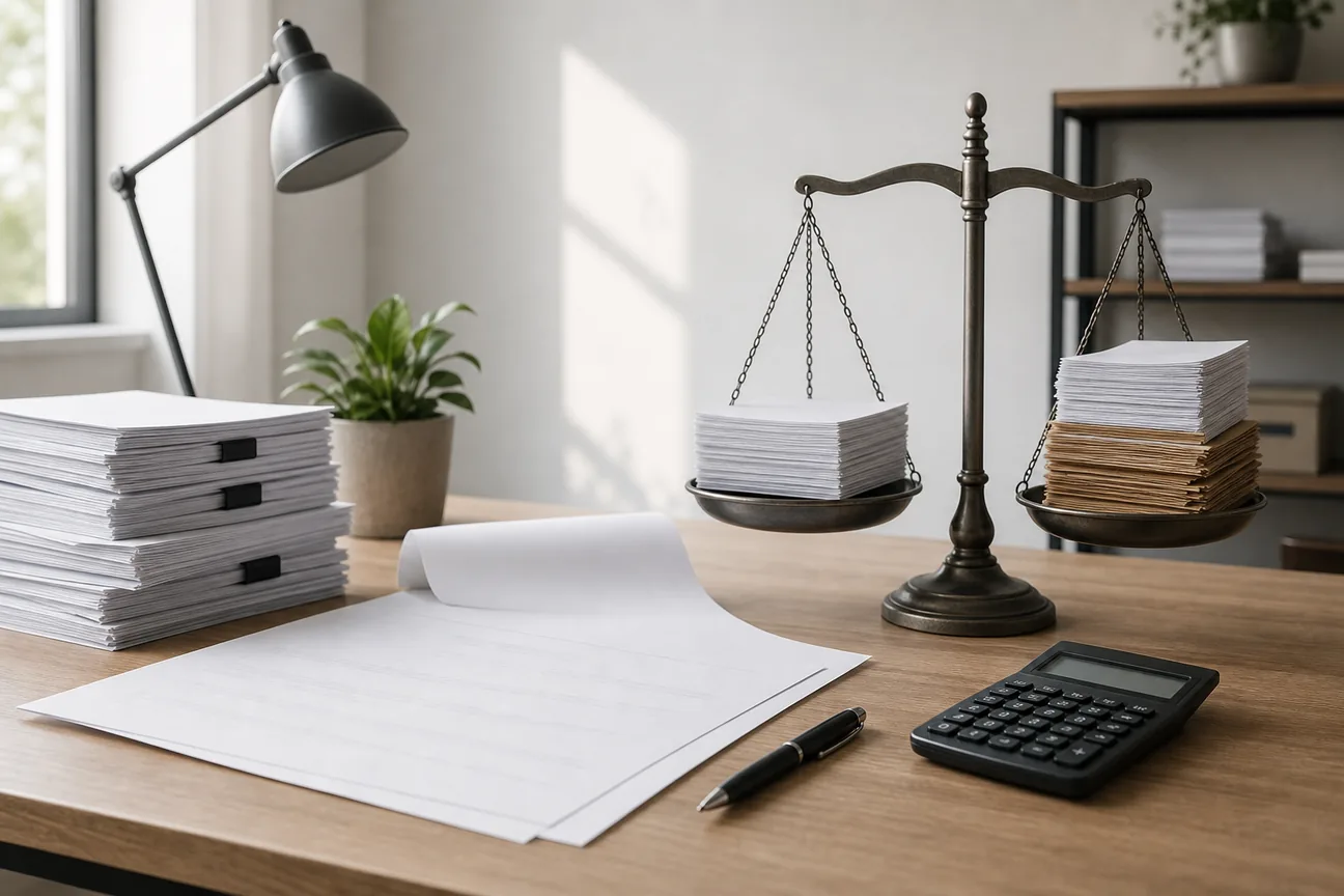 A balance scale holding two stacks of paper on a desk beside a calculator, a pen, a blank form and a stack of clipped documents.