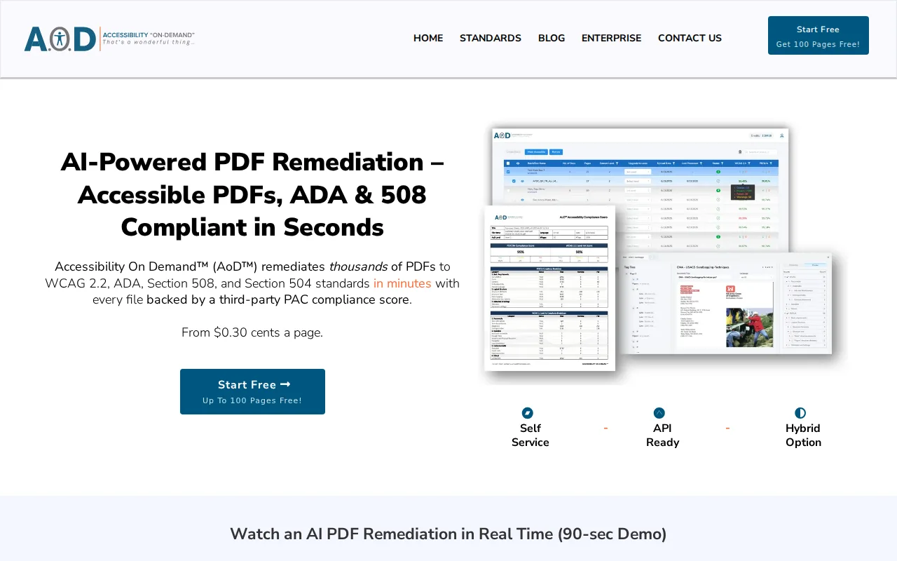 Accessibility On Demand™, the automation-first PDF remediation platform, with its per-page service levels published on the page.