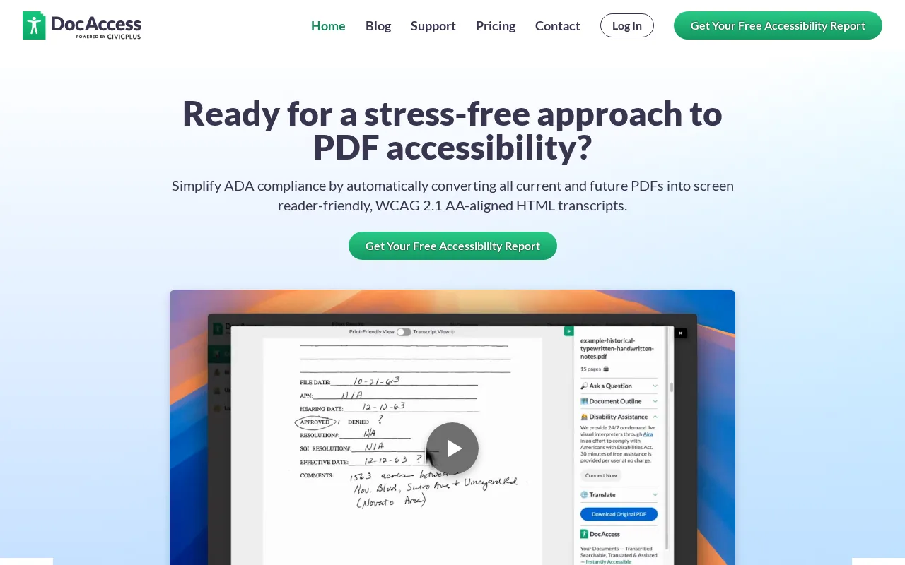 The DocAccess by CivicPlus homepage with the headline Ready for a stress-free approach to PDF accessibility and a video preview of a handwritten form shown beside its transcript panel.