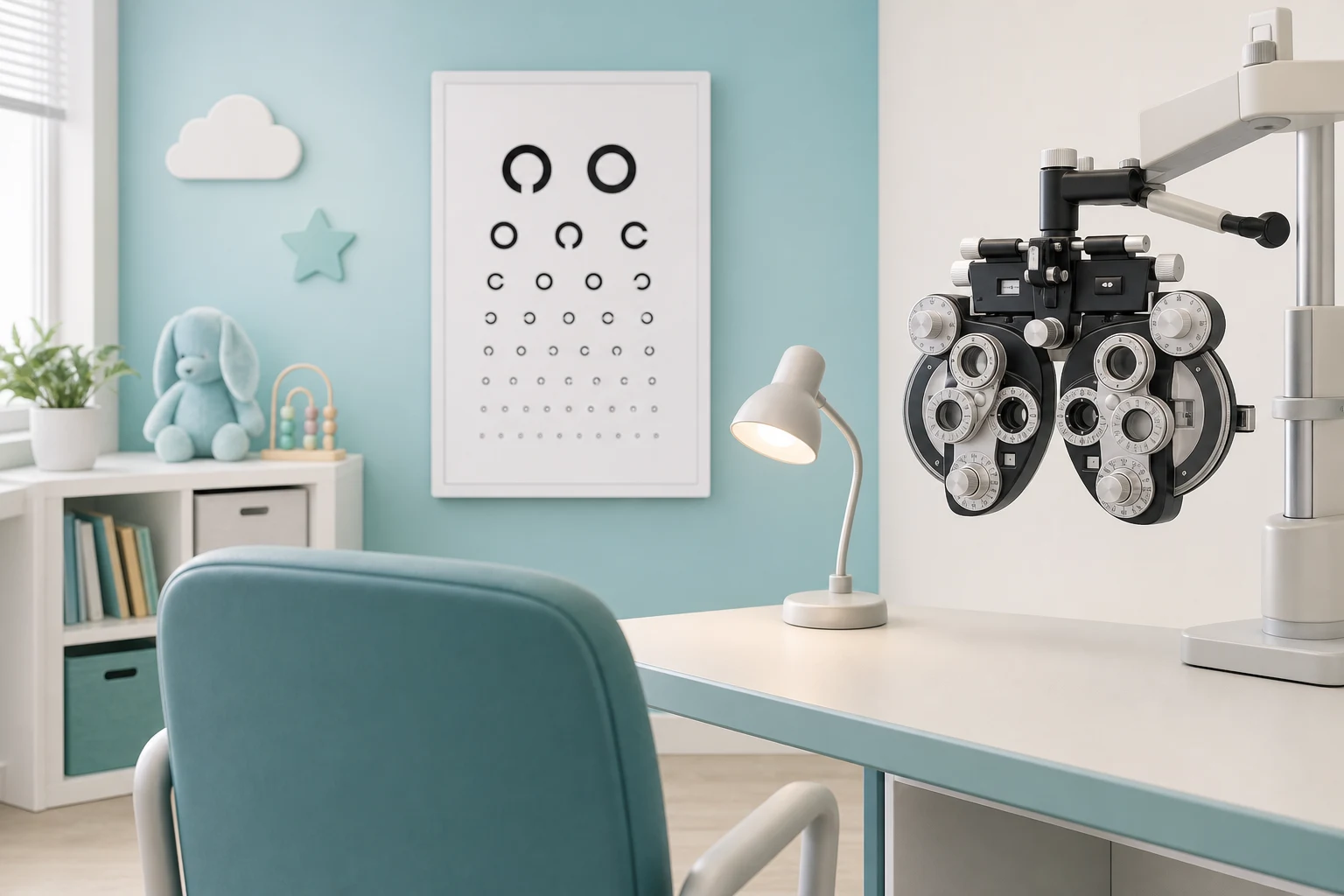 Illustration of a pediatric vision screening room with an eye chart and phoropter