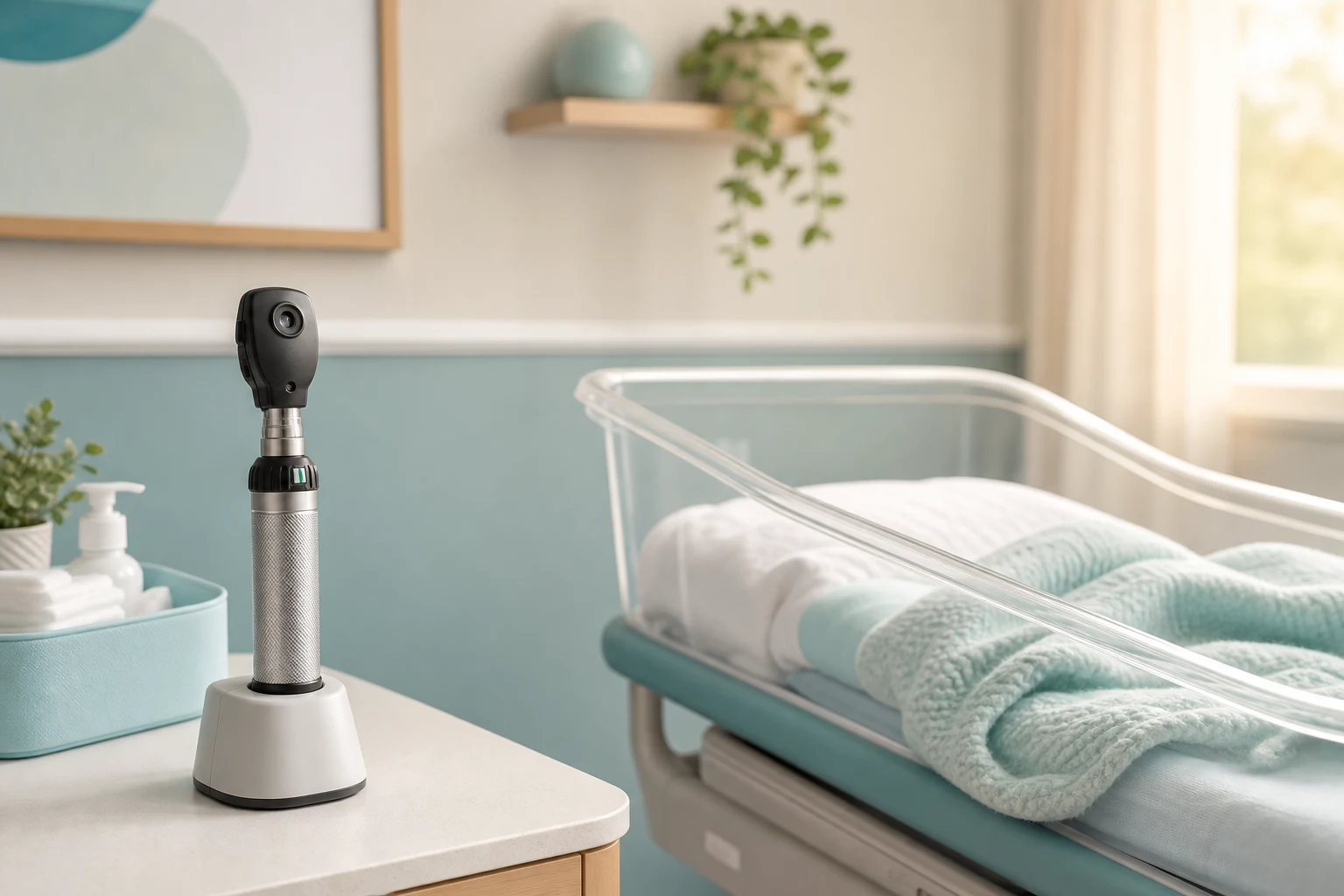 Illustration of an ophthalmoscope beside a newborn bassinet for red reflex screening