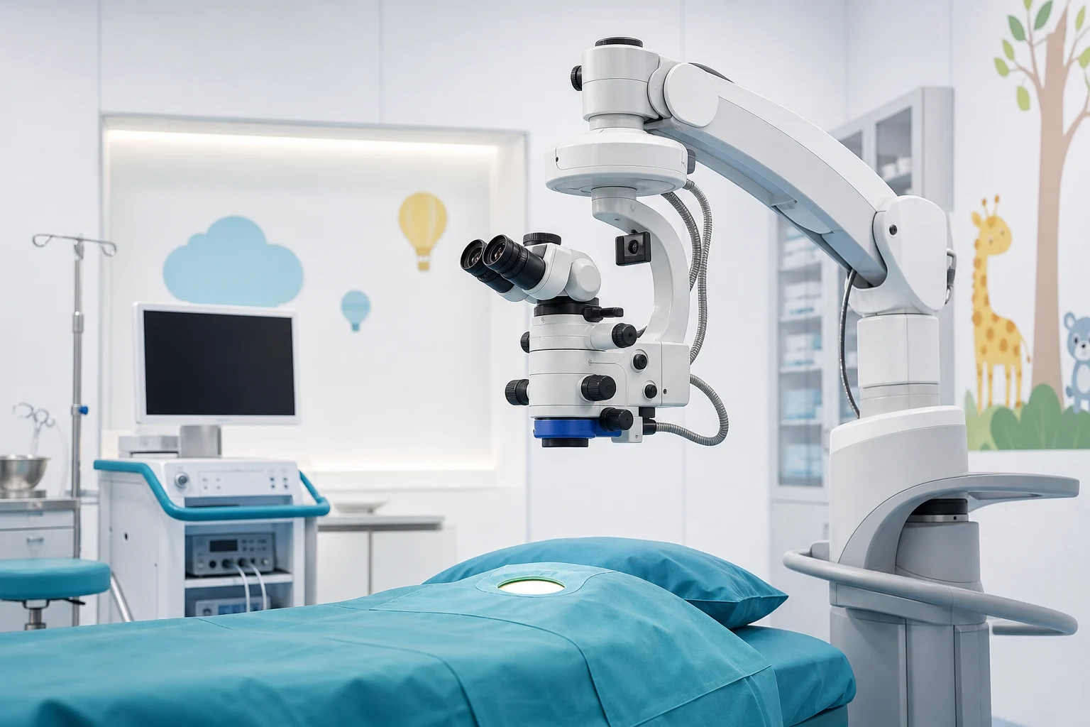 Illustration of an ophthalmic surgical microscope in a pediatric operating suite