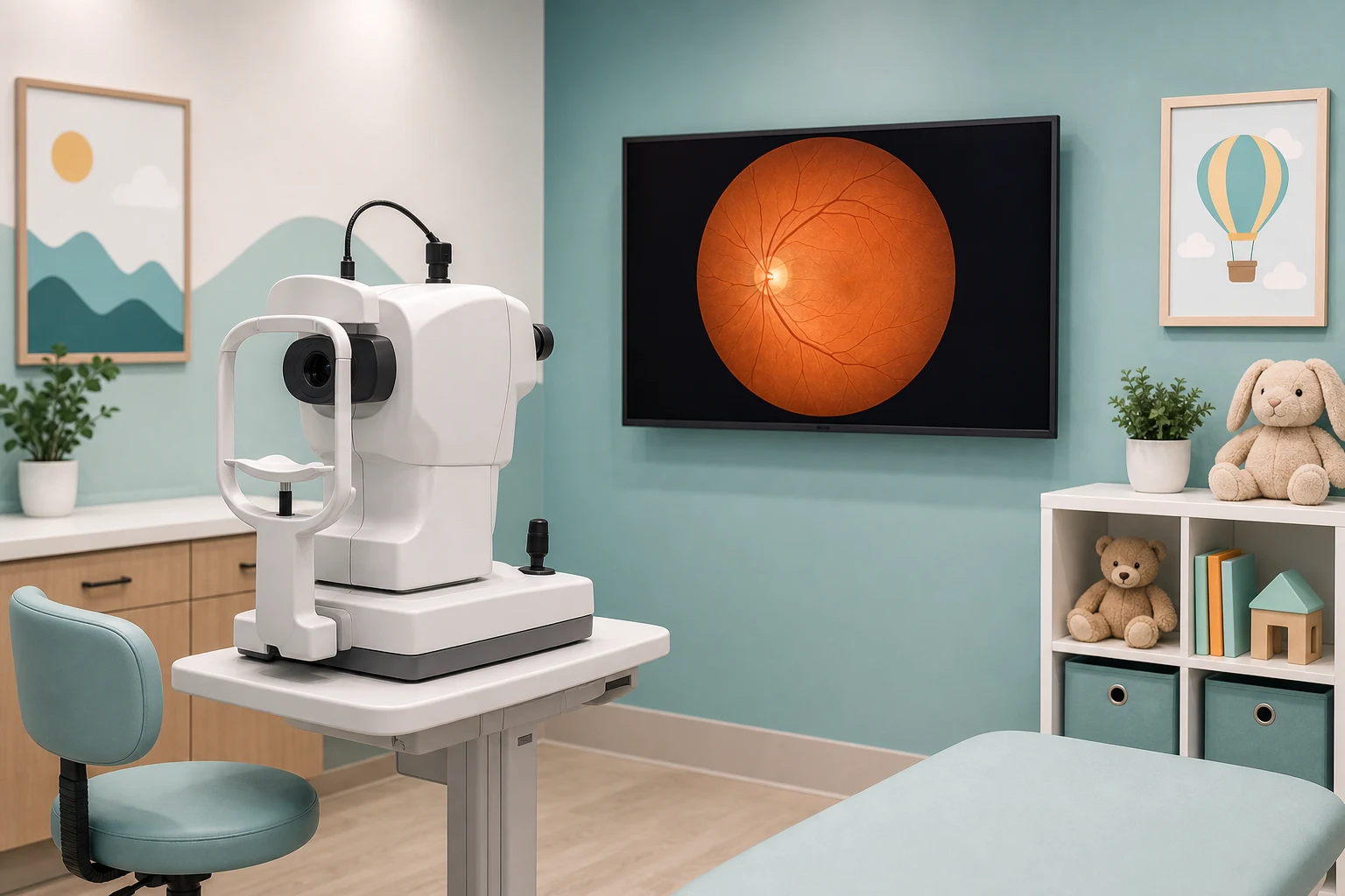 Illustration of a retinal imaging camera with an abstract retinal scan on screen