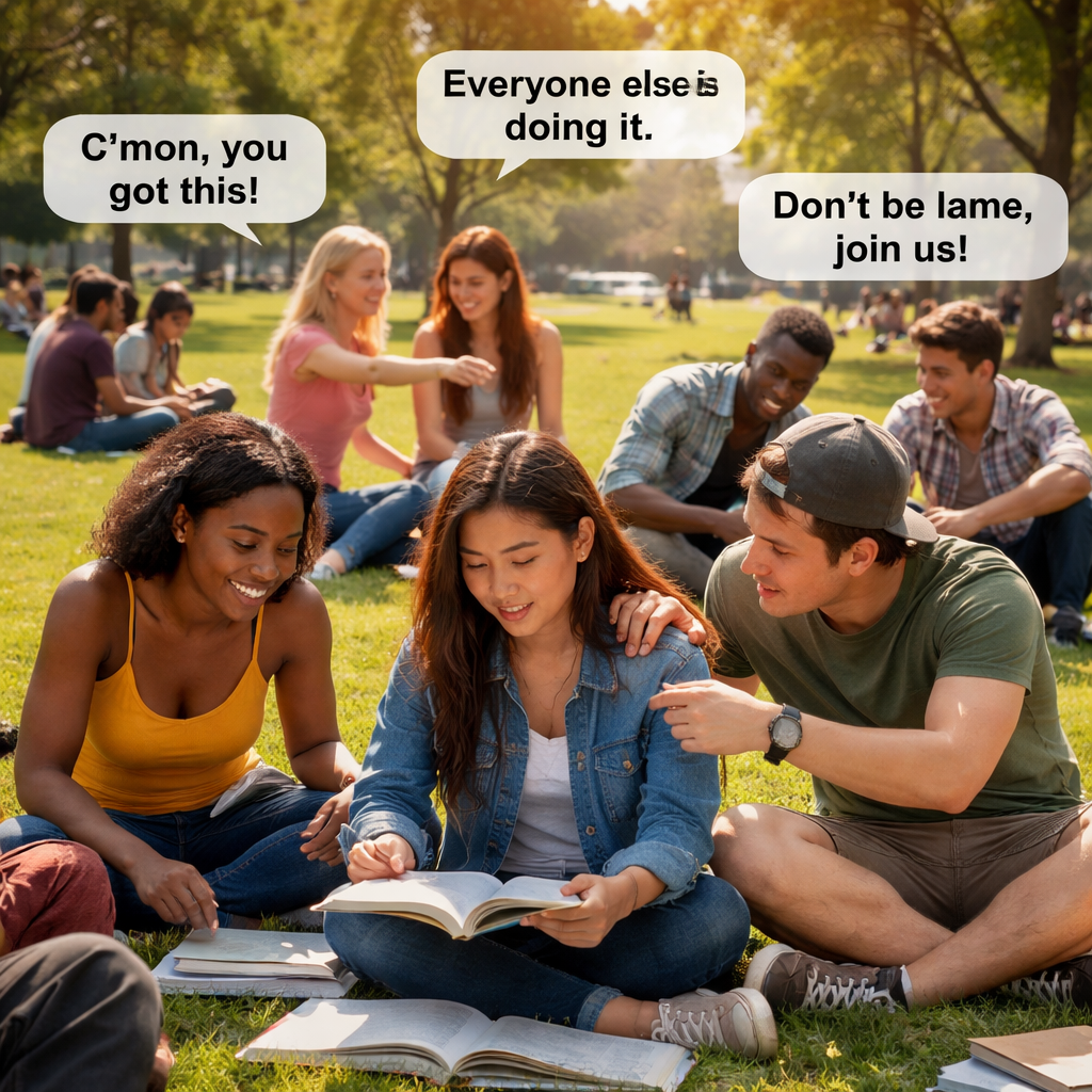 A photorealistic scene of a diverse group of college students sitting on a campus lawn, some studying together, others chatting, with subtle visual cues showing both supportive encouragement and subtle pressure, captured in natural daylight, realistic style. Alt: Peer pressure definitions and types illustration.