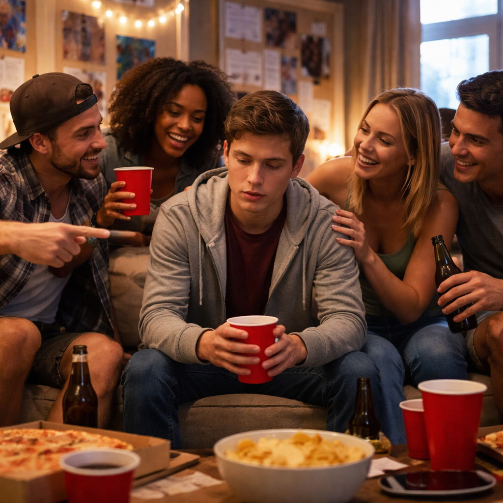 A photorealistic scene of a college student sitting on a dorm lounge couch, looking uneasy as friends encourage a late‑night party, with soft natural lighting and realistic details. Alt: College student facing negative peer pressure in a dorm common area.