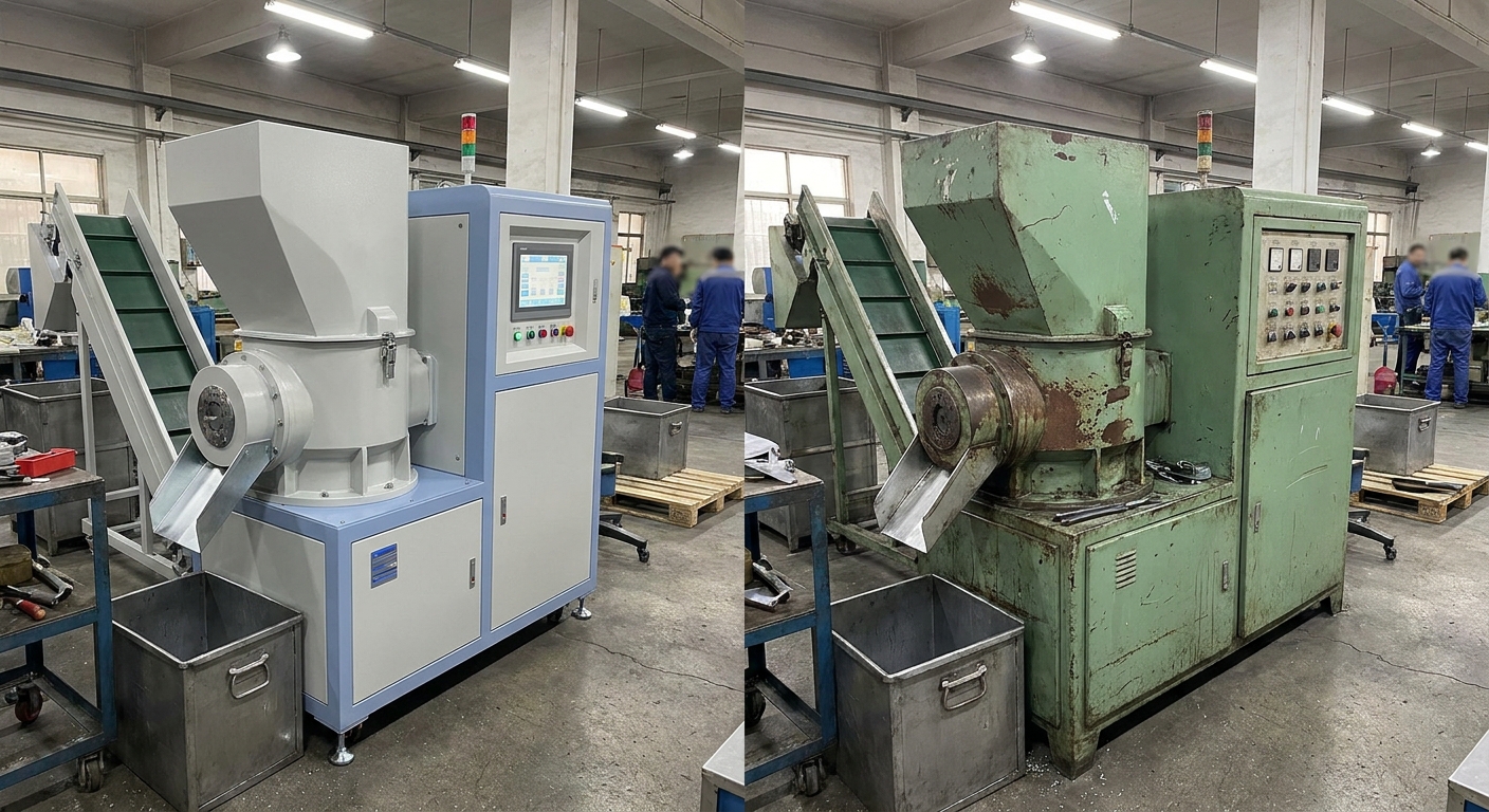 A photorealistic side-by-side factory scene showing a brand-new plastic pelletizer machine with clean paint and fresh control panel on the left, and an older used pelletizer with visible wear on the barrel housing on the right, inside an industrial workshop with concrete floors and overhead lighting. Alt: new vs used pelletizing machine cost comparison for plastic recycling.