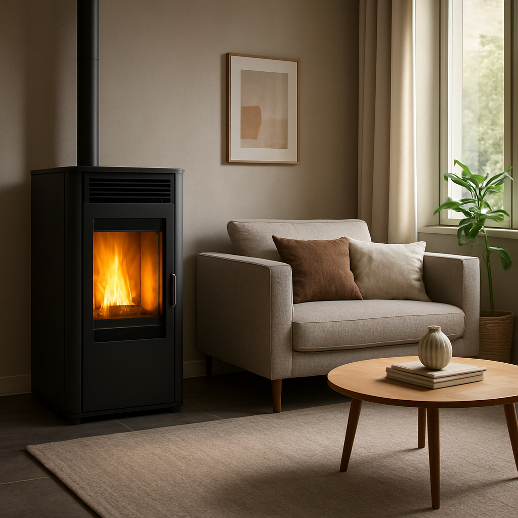 A modern German living room with a sleek 10 kW pellet stove radiating warm light, showing comfortable ambience. Alt: pelletofen 10 kw effizienz energieverbrauch