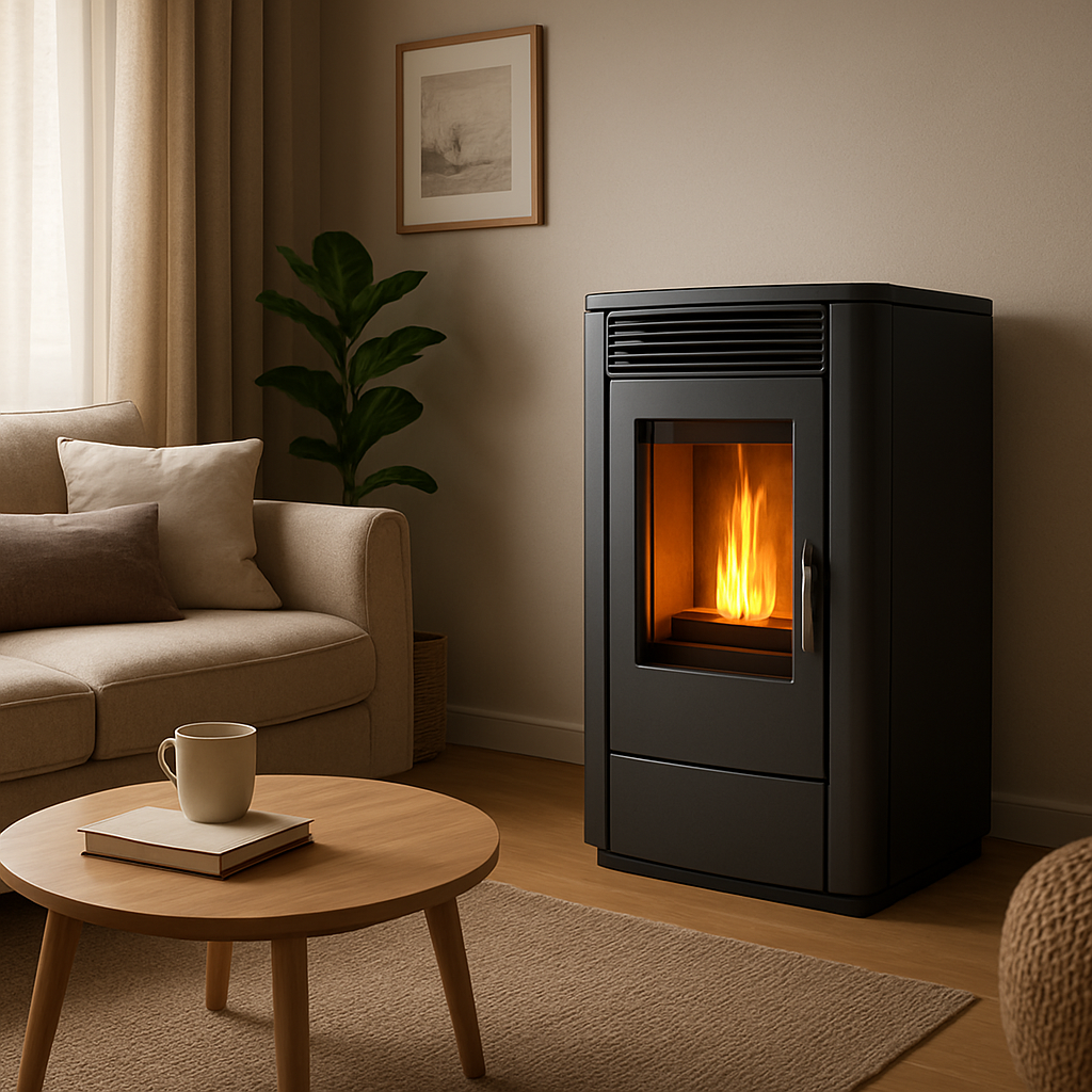 A cozy living room with a modern 10 kW pellet stove, showing glowing flames and a sleek steel design. Alt: pelletofen 10 kw Vergleich andere Heizsysteme