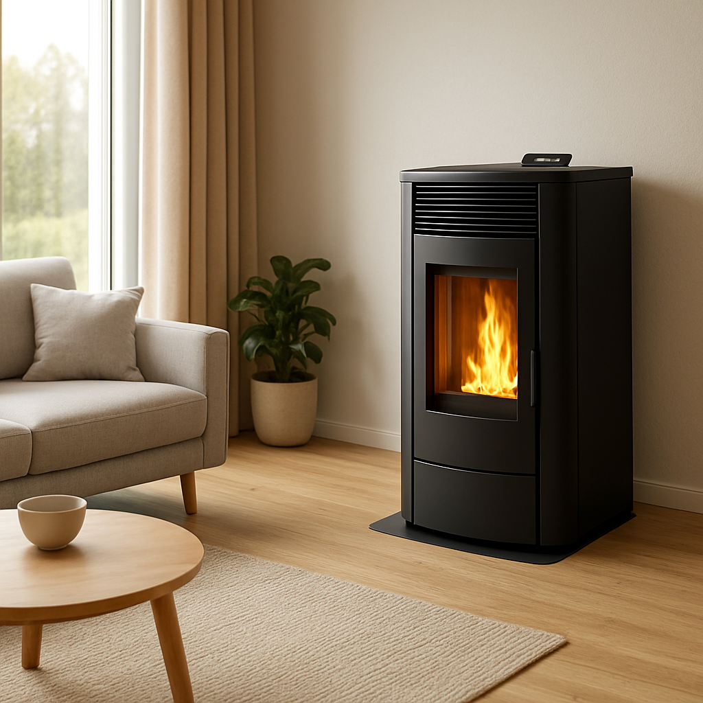 Ein modernes Wohnzimmer mit einem eleganten 8 kW Pelletofen, warme Flammen, helles Holz, große Fenster mit Vorhängen, gemütliche Atmosphäre. Alt: pelletofen 8 kw energieeffizienz