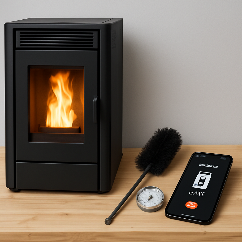 A modern 8 kW pellet stove with a clean maintenance toolkit on a workbench, showing a brush, a hygrometer, and a smartphone displaying the stove’s app. Alt: Pelletofen 8 kW einfache Wartung und Pflege