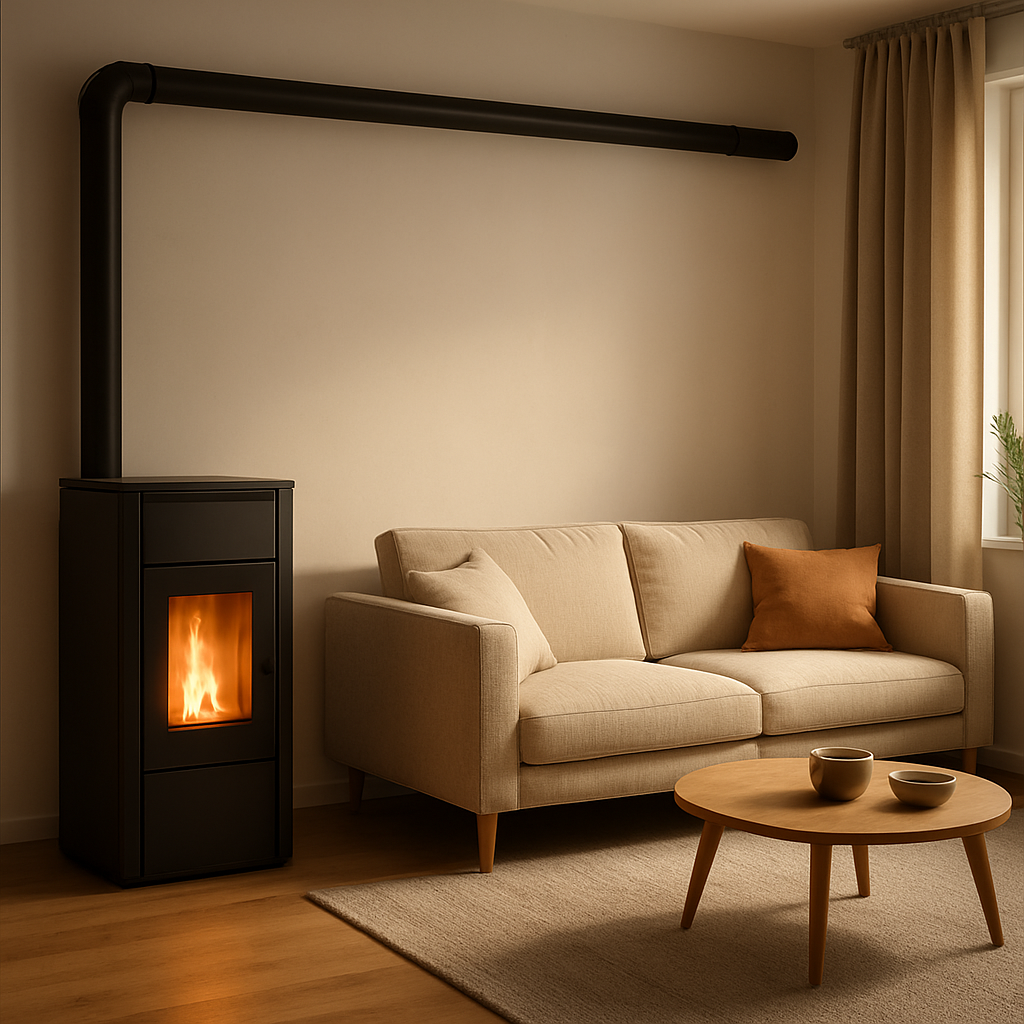 A modern German living room with a sleek pellet stove, a discreet flue running along the wall, warm light spilling over a cozy sofa. Alt: Gleichmäßige Wärmeverteilung dank Kanalisierung im Wohnzimmer