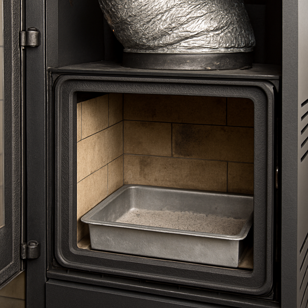 A close‑up of a well‑maintained pellet stove’s combustion chamber with clean ash tray and insulated ductwork. Alt: Wartung und Langlebigkeit von Pelletofen mit Kanalisierung