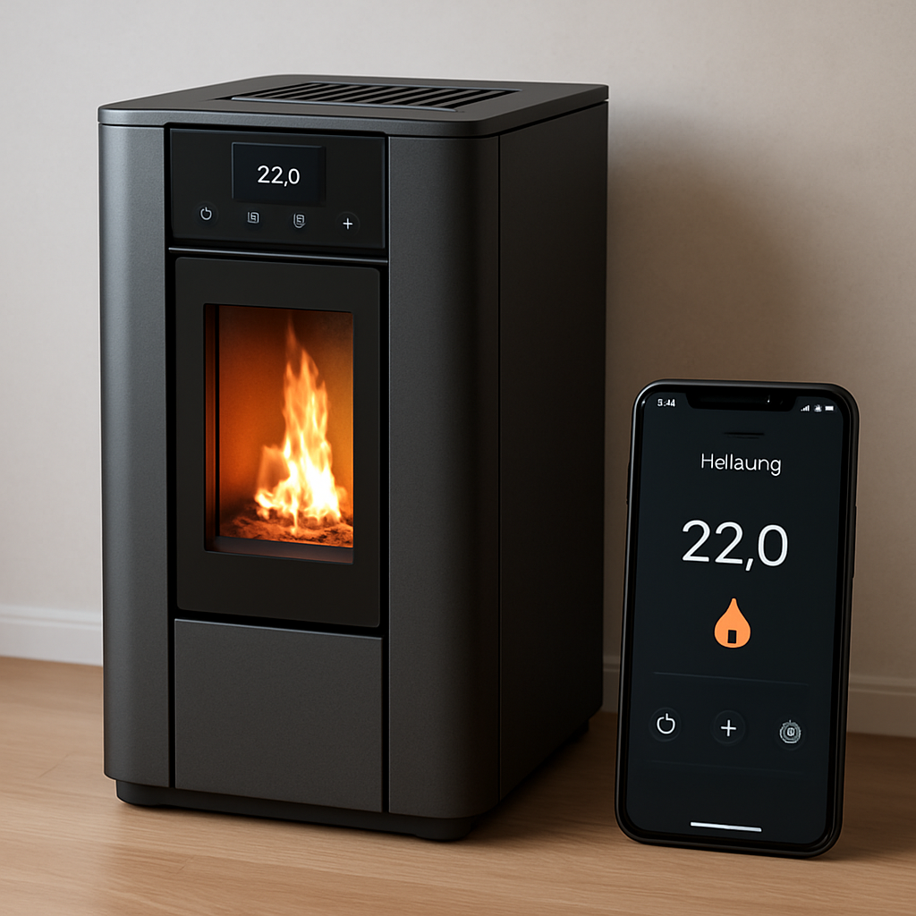 A modern pellet stove with a sleek touchscreen interface, showing a smartphone nearby displaying the heating app. Alt: WLAN‑fähiger Pelletofen mit Smartphone-Steuerung