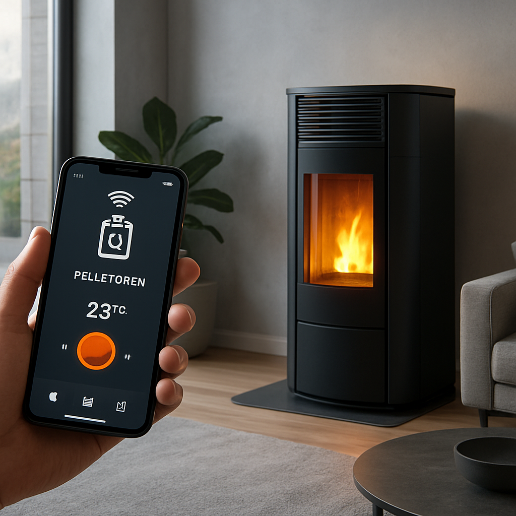 A futuristic living room with a smart pellet stove glowing, controlled via a smartphone app. Alt: pelletofen mit wlan Zukunftstrends