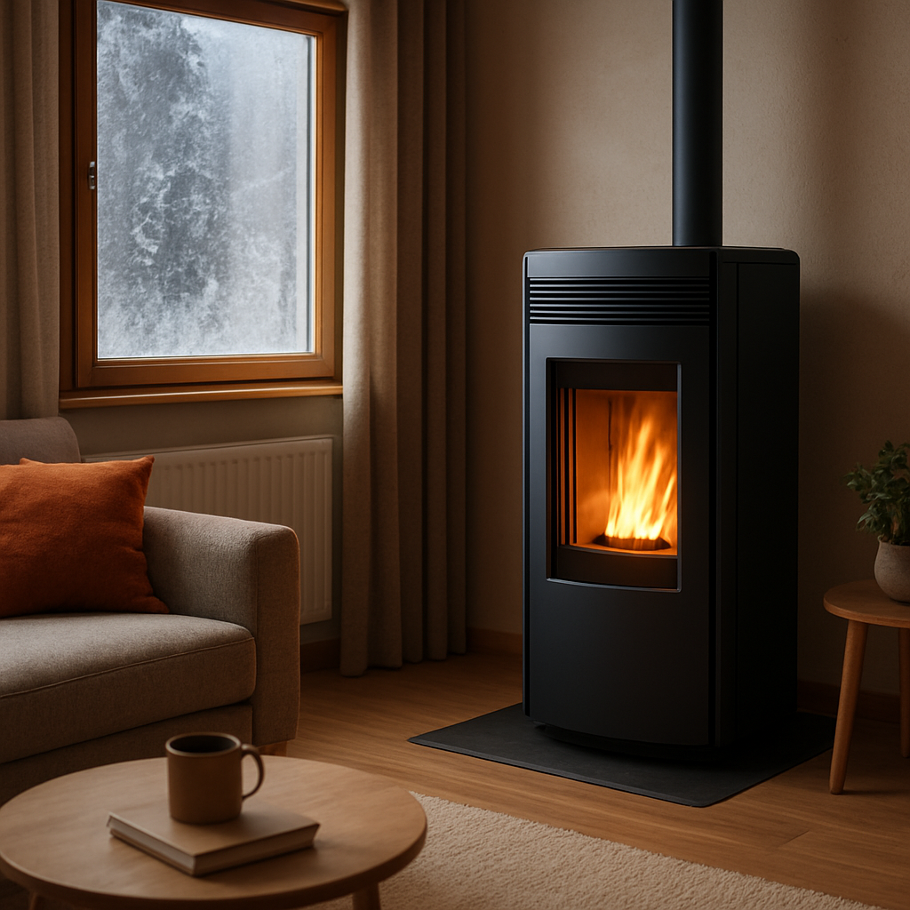 A cozy German living room with a modern pellet stove glowing warmly, showing a sleek design and a nearby window with frosty glass. Alt: Moderne Pelletöfen im deutschen Wohnraum – energieeffizient und umweltfreundlich