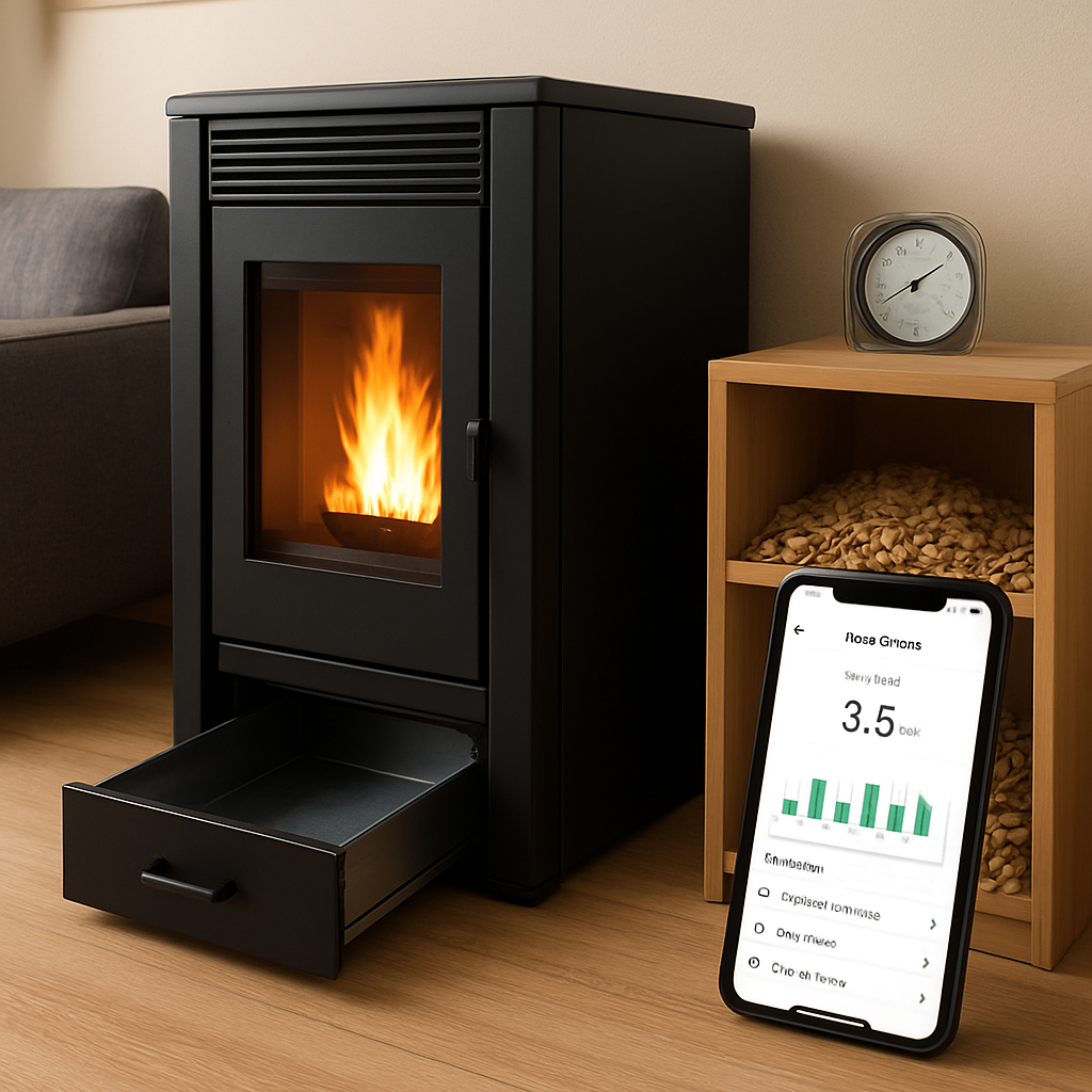 A modern pellet stove in a German living room, showing a clean ash drawer, a hygrometer on the pellet storage shelf, and a smartphone displaying the stove's energy consumption app. Alt: Pflege und Wartung von Pelletofen für lange Lebensdauer, sauberer Aschebehälter, trocken gelagerte Pellets, Wartungscheckliste.