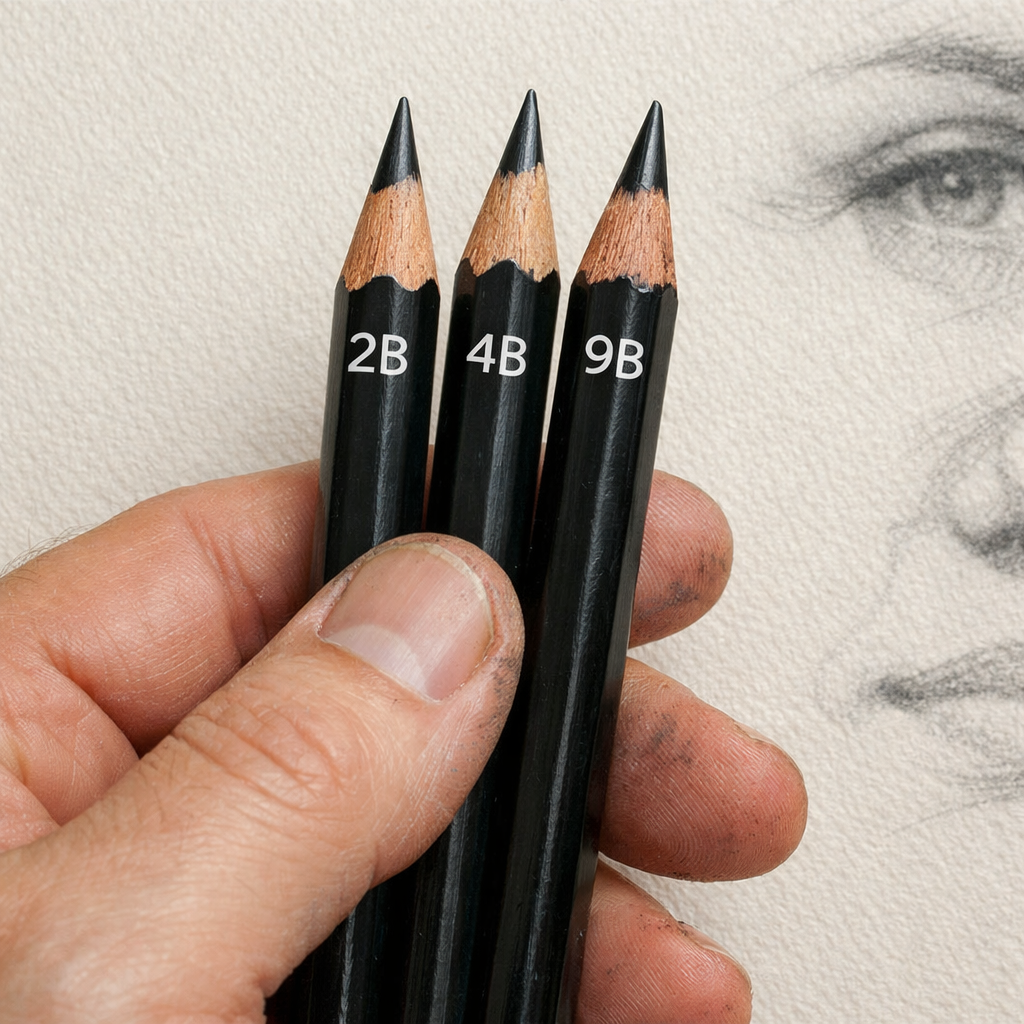 A realistic close‑up of an artist’s hand holding a 2B, 4B, and 9B graphite pencil on a textured drawing paper. Alt: pencil grade for detailed portrait shading tools on textured surface.