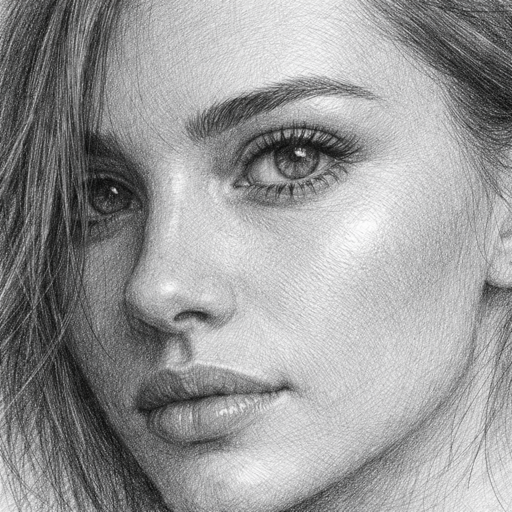 A realistic drawing of a portrait close‑up showing detailed eye line work, subtle hair texture, and soft highlight on cheek. Alt: refined details in portrait shading using pencil grade for detailed portrait shading.