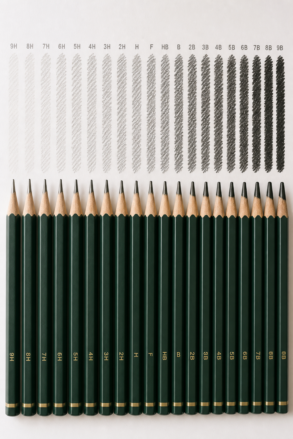 A photorealistic close-up of a row of graphite pencils labeled from 9H to 9B, with visible graphite tips showing varying darkness and texture. Alt: Pencil hardness scale from 9H to 9B showing different graphite darkness and hardness