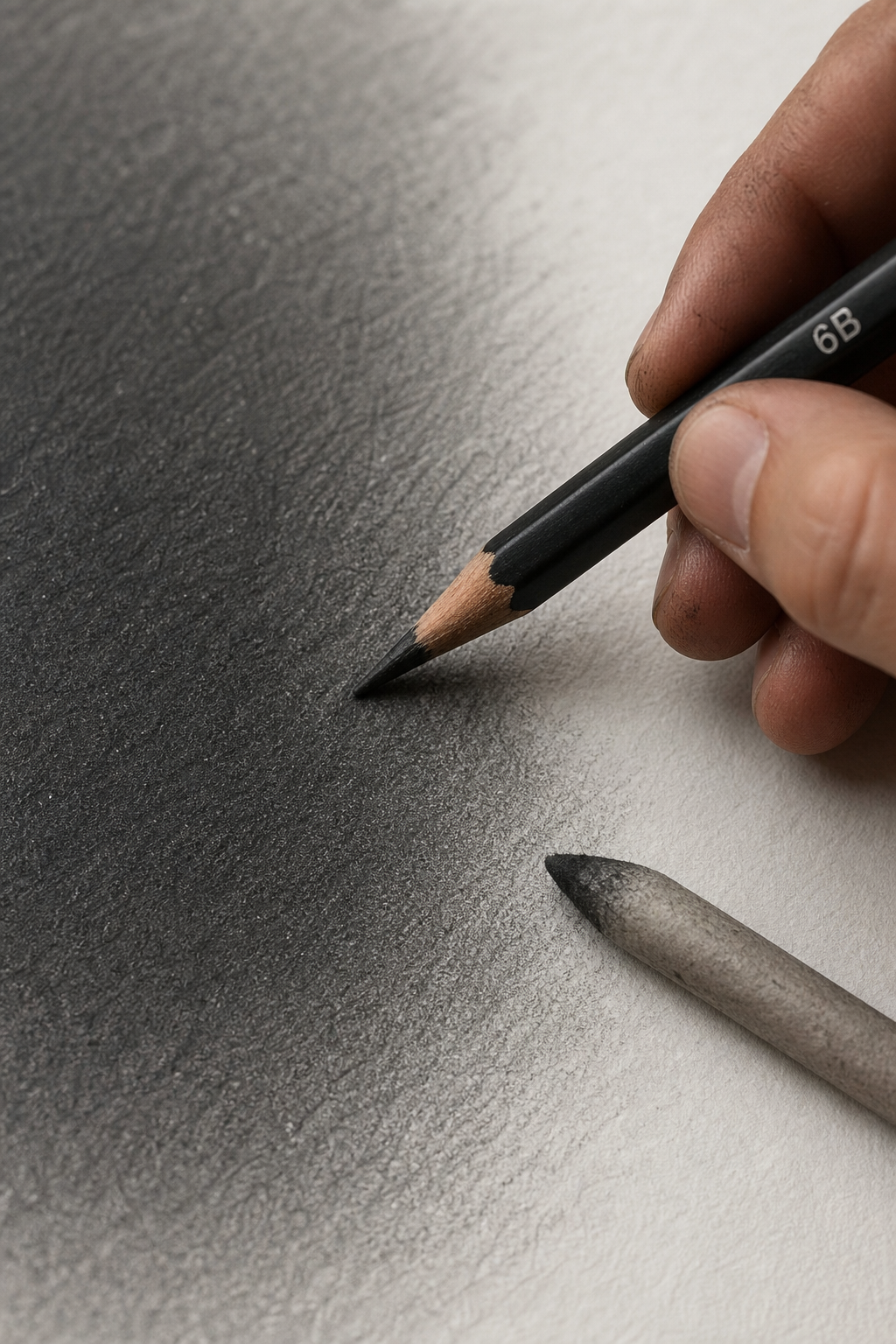 A close-up photorealistic image of an artist's hand using a soft graphite pencil (6B) to shade a gradient on textured paper, with visible dark tones and smudging. Alt: Artist using a 6B soft graphite pencil for deep shading and blending