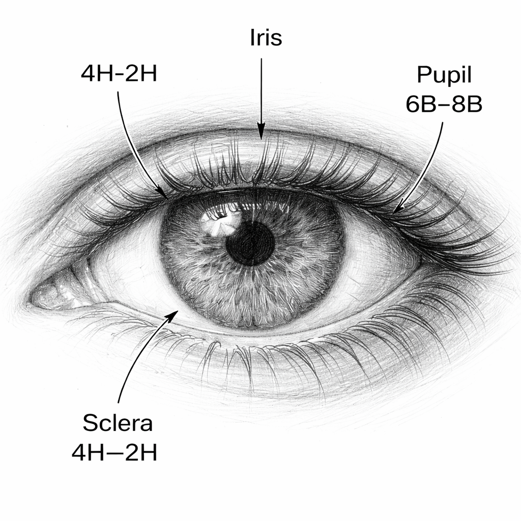 A realistic eye sketch showing the three zones , sclera, iris, pupil , with pencil grade labels in a clean line art style. Alt: eye anatomy with pencil grade recommendations for realistic drawing.