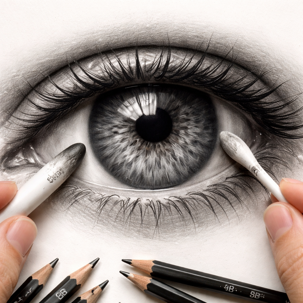 Close‑up of an eye drawing showing blended pupil and iris using a paper stump and cotton swab. Alt: blending technique for realistic eyes with specific pencil grades.