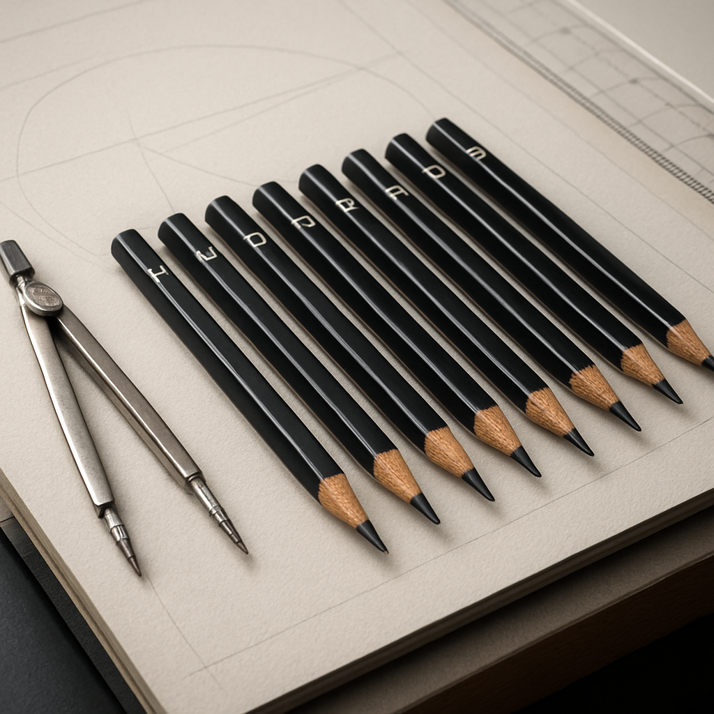A close‑up of a drafting table with a set of pencils ranging from 2H to 6B on a sketchpad. Alt: Pencil grade set for engineering drawing