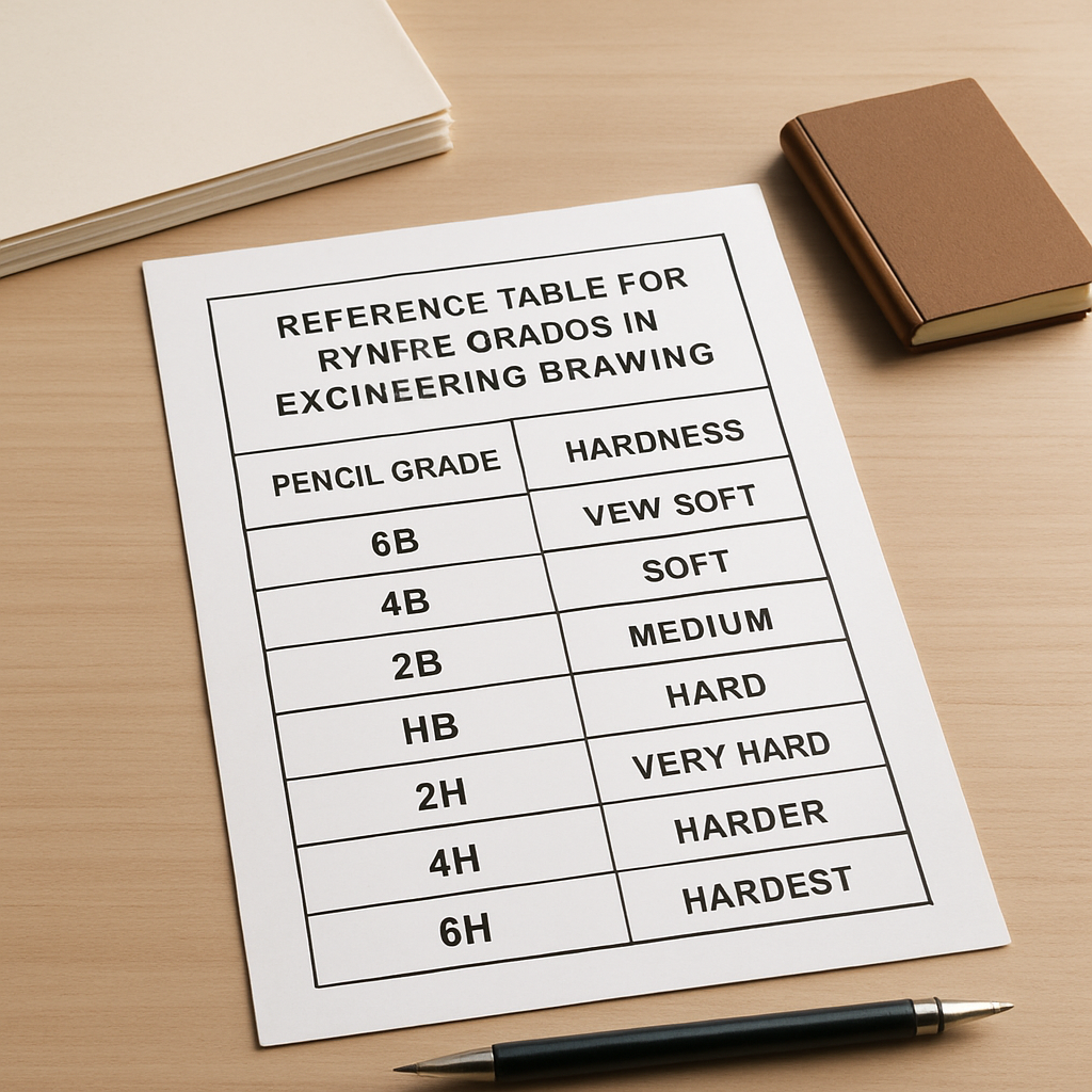 A neat desk setup with a reference table of pencil grades, a stack of drafting paper, a mechanical pencil, and a small notebook. Alt: Reference table for pencil grades in engineering drawing.