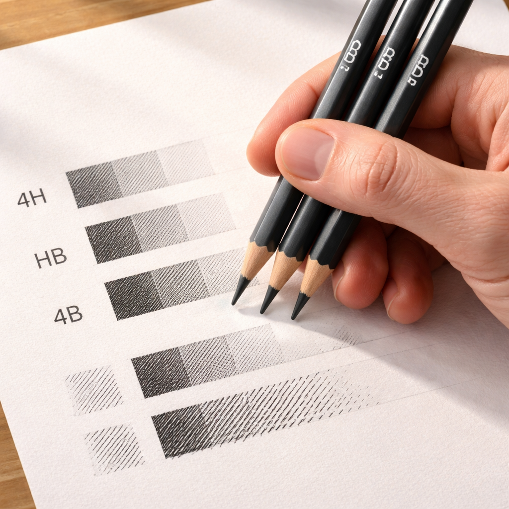 A photorealistic close‑up of a hand holding three pencils of different grades (4H, HB, 4B) over a value chart on smooth Bristol paper, showing distinct shading techniques for each grade, soft natural lighting, realistic style, alt: practicing with different pencil grades for shading control.