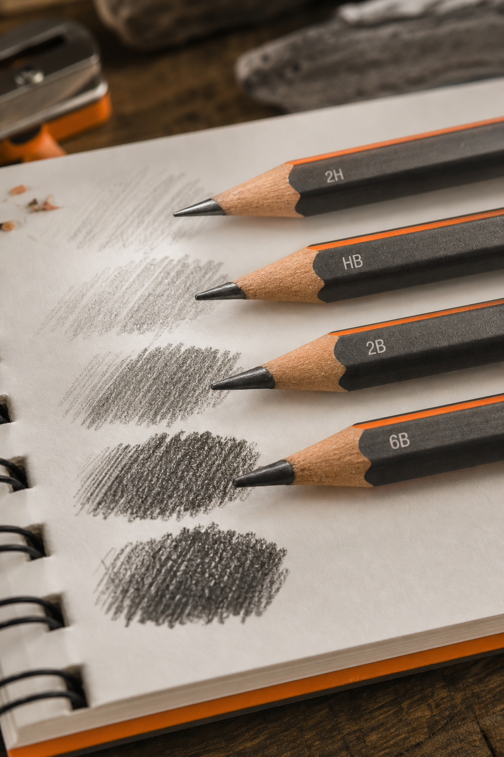 A photorealistic close-up of various graphite pencil tips on a sketchbook, showing different grades (2H, HB, 2B, 6B) with soft lighting, emphasizing the graphite texture. Alt: Graphite pencil tip close-up showing different hardness grades for sketching.