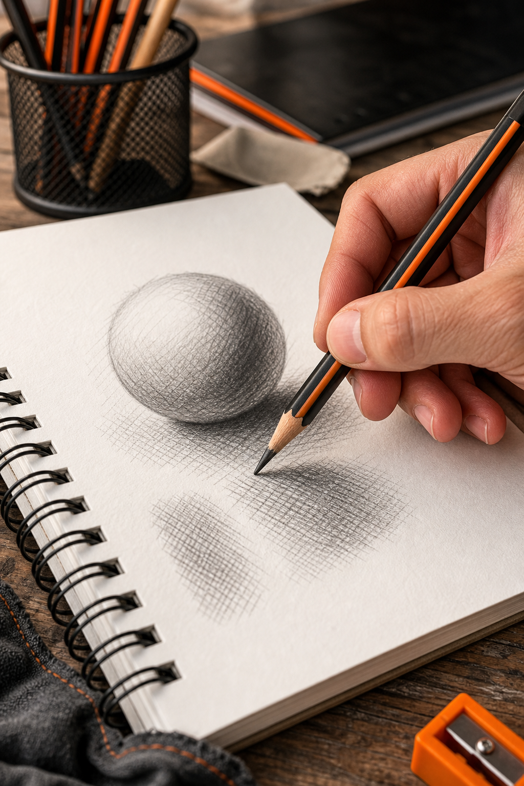 A hand holding a pencil making cross-hatch strokes on paper, with shading gradients visible. Alt: Hand sketching with pencil showing cross-hatching technique for shading.