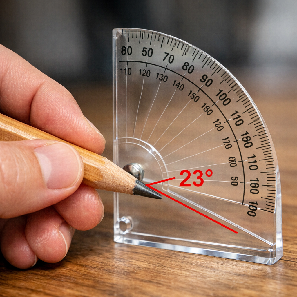 A realistic close‑up of a hand holding a wooden pencil next to a transparent acrylic angle gauge, showing the measured pencil sharpening angle on the gauge. Alt: measuring pencil sharpening angle with a protractor.