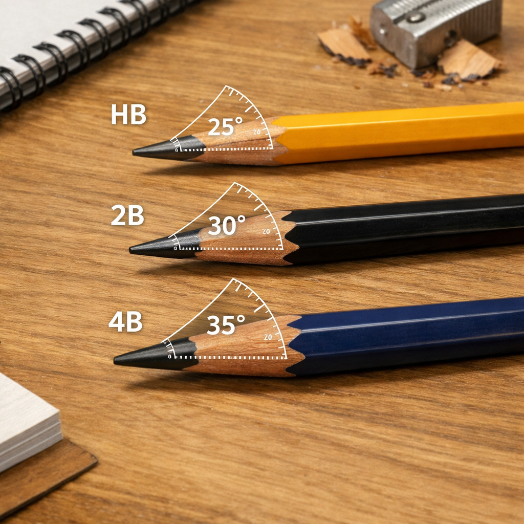 A realistic illustration of several pencils laid out on a desk, each with a measured angle overlay showing different pencil sharpening angles for HB, 2B, and 4B leads. Alt: testing pencil sharpening angles with common pencils.